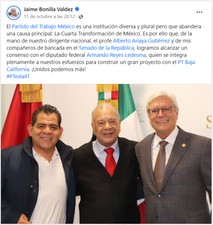 Bonilla con Beto Anaya y el diputado Armando Reyes, liderazgo histórico del PT en BC.