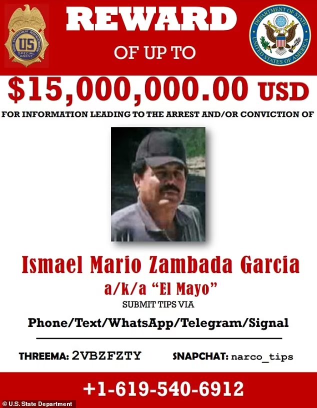 Recompensa por el Mayo Zambada, 15 millones de dólares.